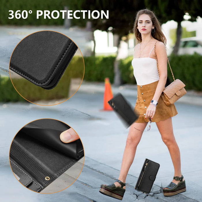 For iPhone 18 Pro / 17 Pro Case Zipper Pocket Multiple Card Slots Leather Phone Cover - Black - 2