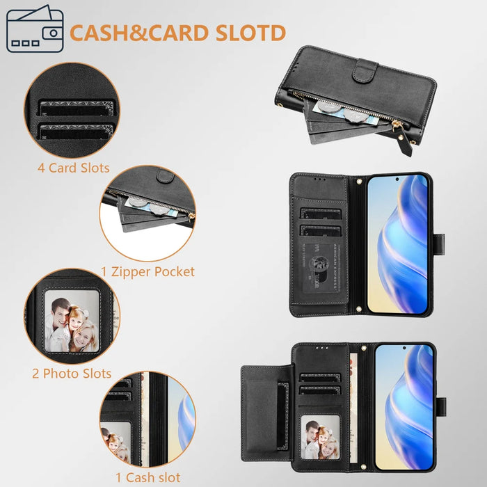 For iPhone 18 Pro / 17 Pro Case Zipper Pocket Multiple Card Slots Leather Phone Cover - Black - 6