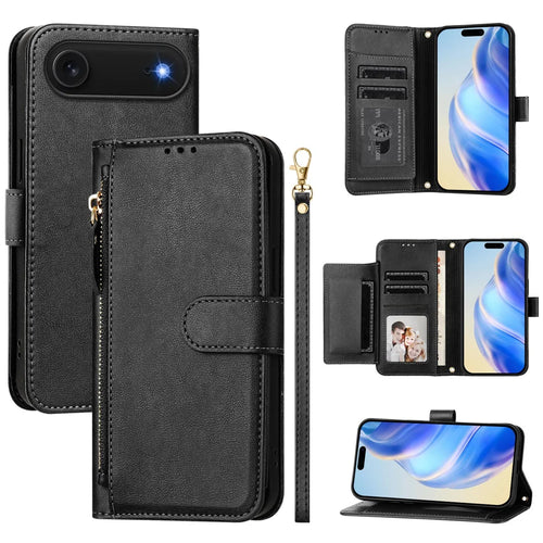 For iPhone Air Case Zipper Pocket Multiple Card Slots Leather Phone Cover - Black - 1