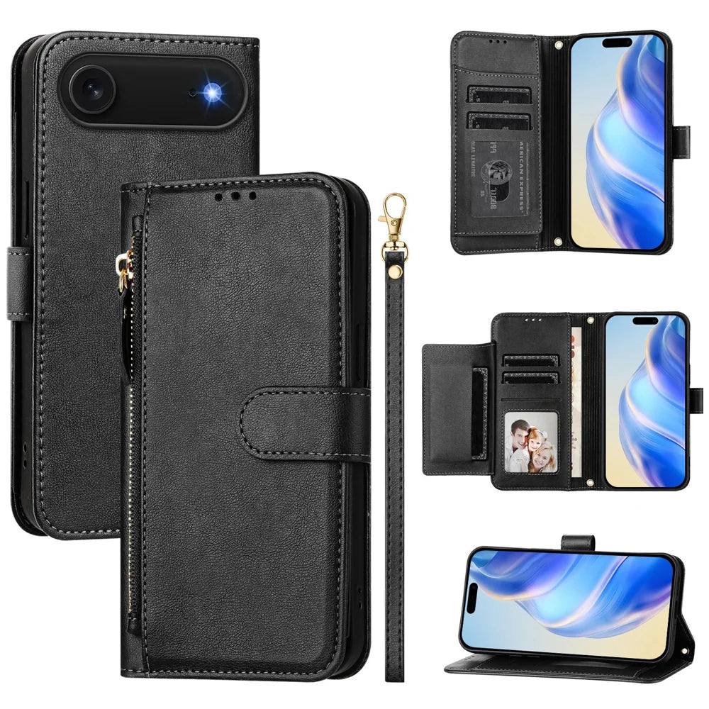 For iPhone Air Case Zipper Pocket Multiple Card Slots Leather Phone Cover - Black - 1
