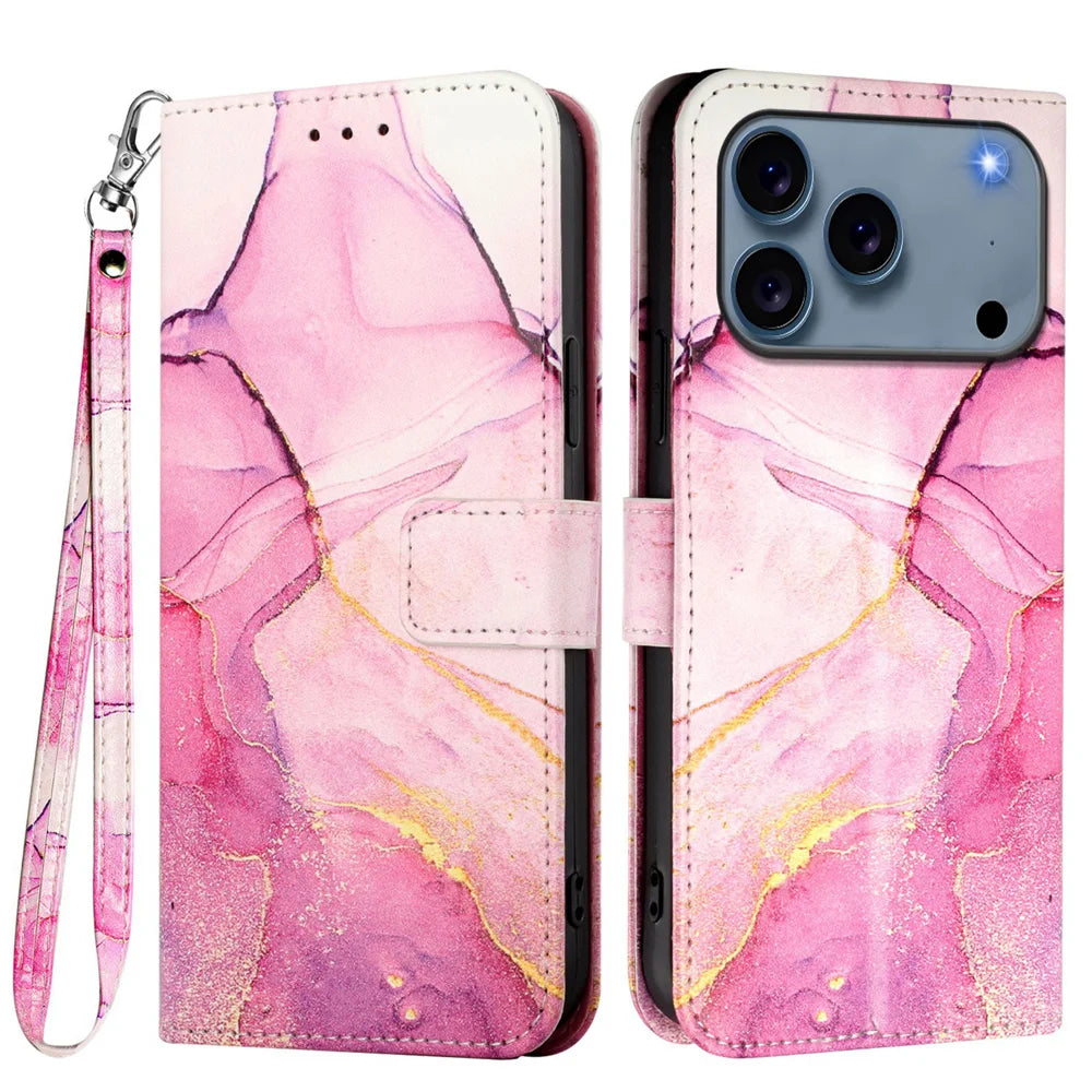 For iPhone 18 Pro Max / 17 Pro Max Case with Strap Marble Pattern Leather Phone Cover Card Holder - Pink / Purple / Gold LS001 - 1