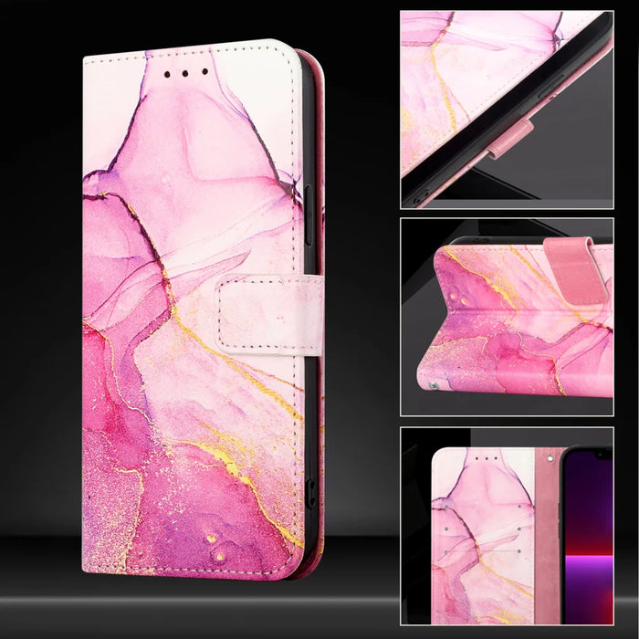 For iPhone 18 Pro Max / 17 Pro Max Case with Strap Marble Pattern Leather Phone Cover Card Holder - Pink / Purple / Gold LS001 - 5