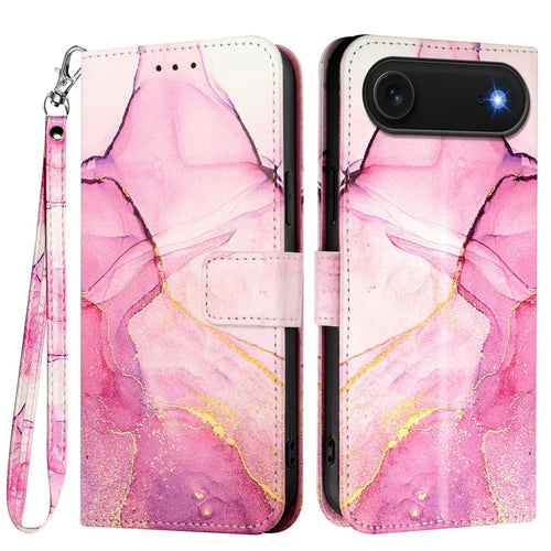 For iPhone Air Case with Strap Marble Pattern Leather Phone Cover Card Holder - Pink / Purple / Gold LS001 - 1