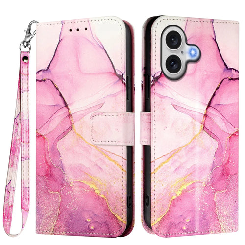 For iPhone 17 Case with Strap Marble Pattern Leather Phone Cover Card Holder - Pink / Purple / Gold LS001 - 1