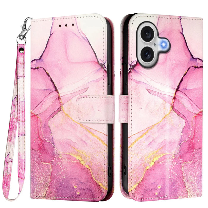 For iPhone 17 Case with Strap Marble Pattern Leather Phone Cover Card Holder - Pink / Purple / Gold LS001 - 1