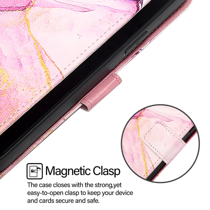 For iPhone 17 Case with Strap Marble Pattern Leather Phone Cover Card Holder - Pink / Purple / Gold LS001 - 2