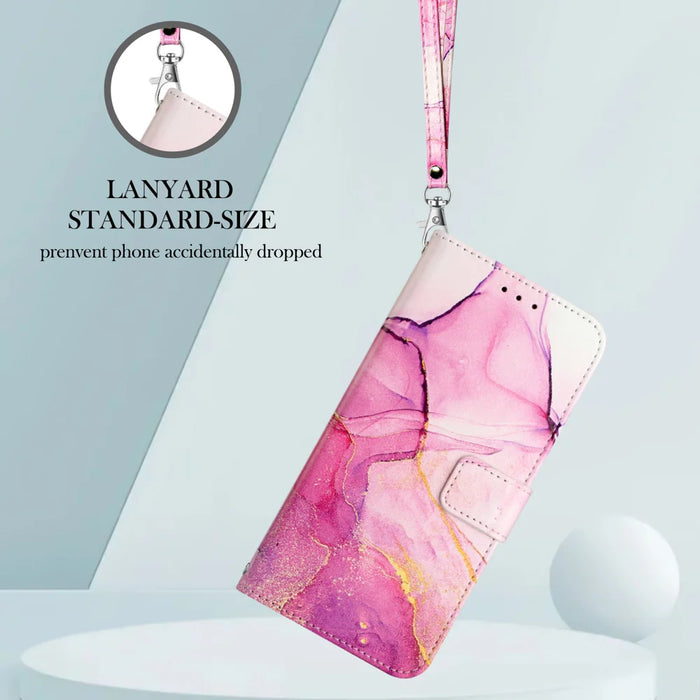 For iPhone 17 Case with Strap Marble Pattern Leather Phone Cover Card Holder - Pink / Purple / Gold LS001 - 4