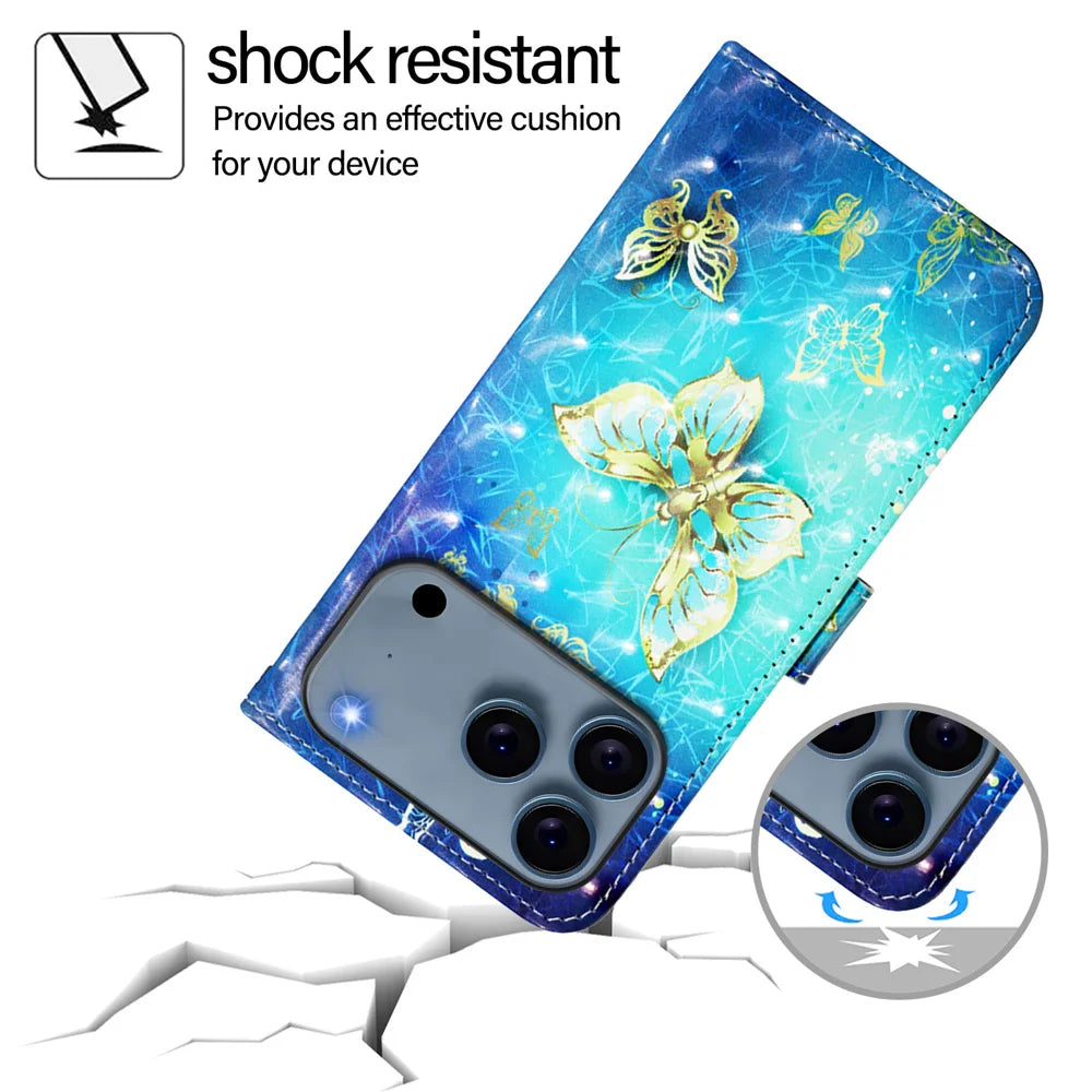 For iPhone 18 Pro Max / 17 Pro Max Leather Case Pattern Printing Wallet Stand Mobile Cover with Strap - Golden Butterflies - 4