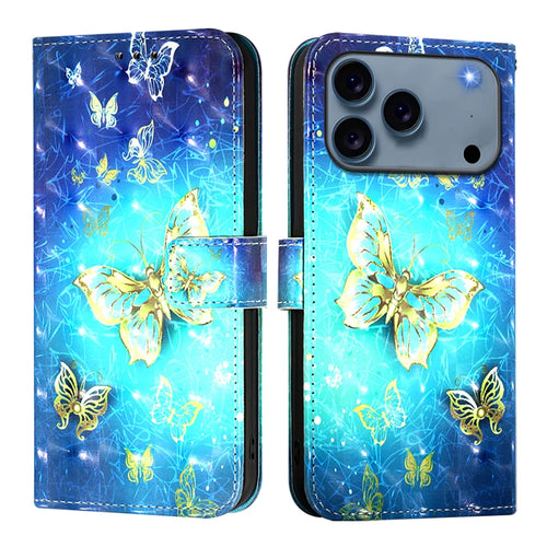 For iPhone 18 Pro / 17 Pro Leather Case Pattern Printing Wallet Stand Mobile Cover with Strap - Golden Butterflies - 1