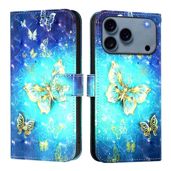 For iPhone 18 Pro / 17 Pro Leather Case Pattern Printing Wallet Stand Mobile Cover with Strap - Golden Butterflies - 1