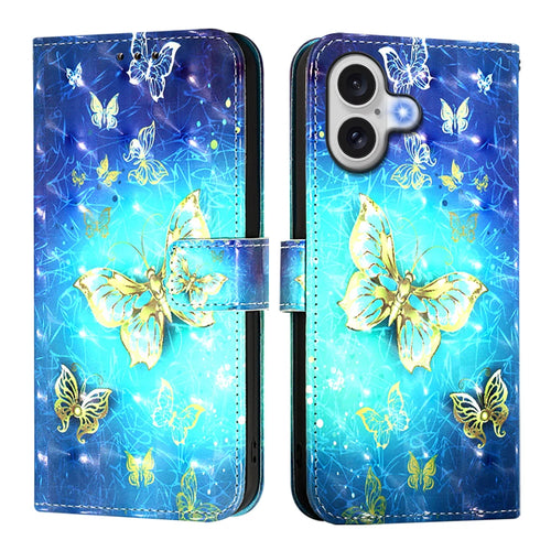 For iPhone 17 Leather Case Pattern Printing Wallet Stand Mobile Cover with Strap - Golden Butterflies - 1