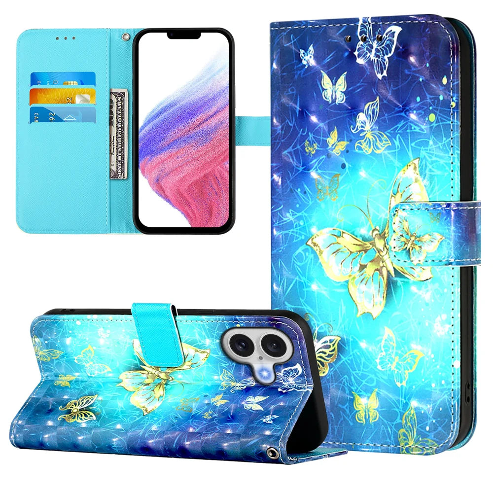 For iPhone 17 Leather Case Pattern Printing Wallet Stand Mobile Cover with Strap - Golden Butterflies - 2