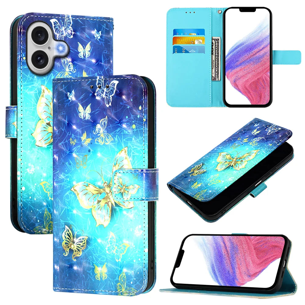 For iPhone 17 Leather Case Pattern Printing Wallet Stand Mobile Cover with Strap - Golden Butterflies - 3