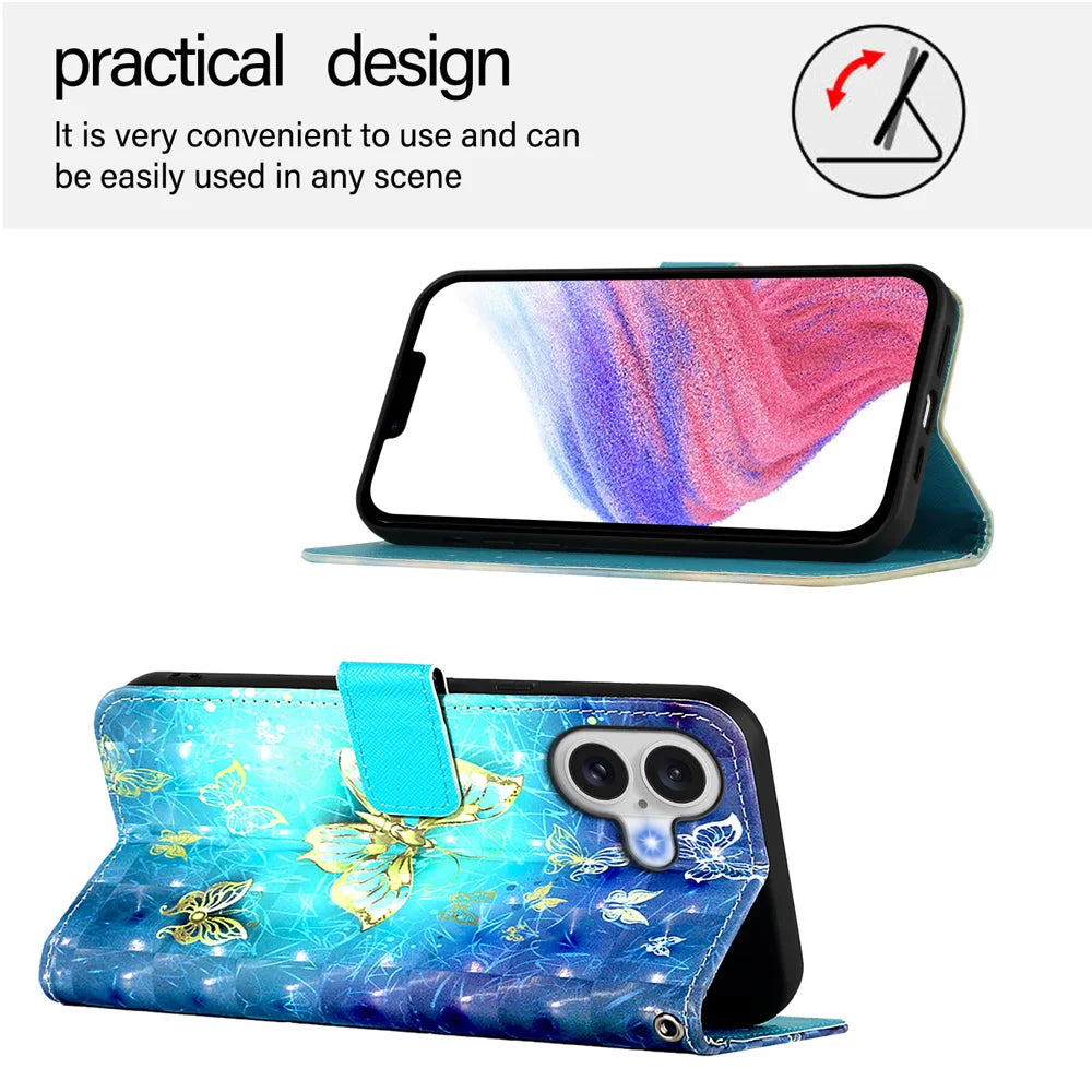 For iPhone 17 Leather Case Pattern Printing Wallet Stand Mobile Cover with Strap - Golden Butterflies - 4