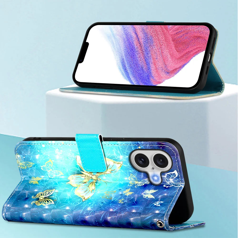 For iPhone 17 Leather Case Pattern Printing Wallet Stand Mobile Cover with Strap - Golden Butterflies - 7