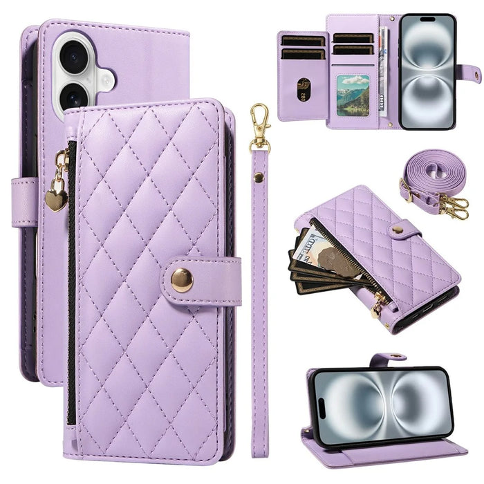 For iPhone 16 Wallet Case with Straps, Rhombus Leather Stand Phone Cover - Purple - 1