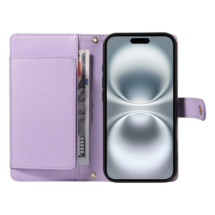 For iPhone 16 Wallet Case with Straps, Rhombus Leather Stand Phone Cover - Purple - 2