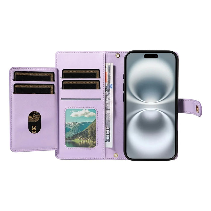 For iPhone 16 Wallet Case with Straps, Rhombus Leather Stand Phone Cover - Purple - 3