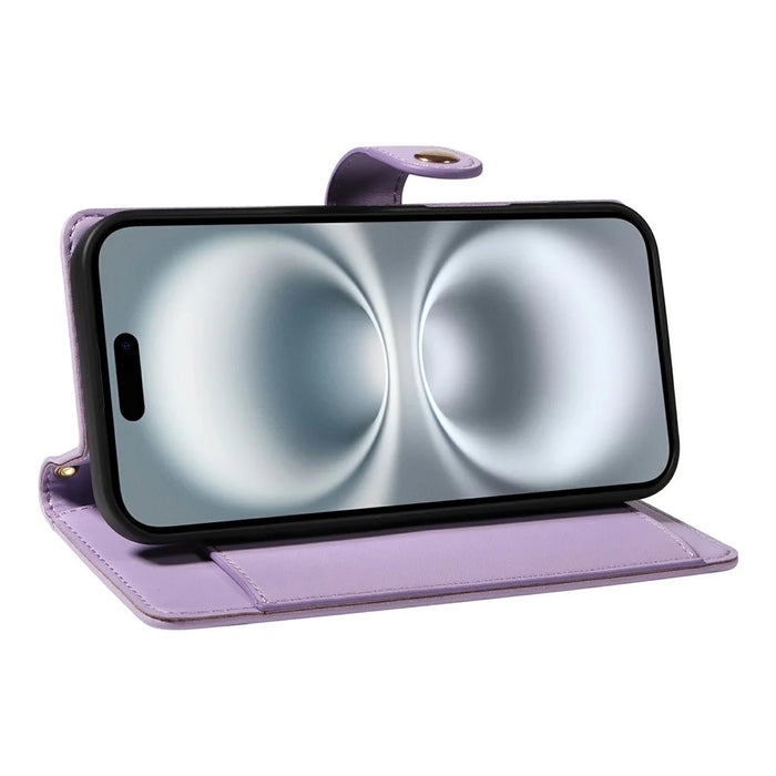 For iPhone 16 Wallet Case with Straps, Rhombus Leather Stand Phone Cover - Purple - 4