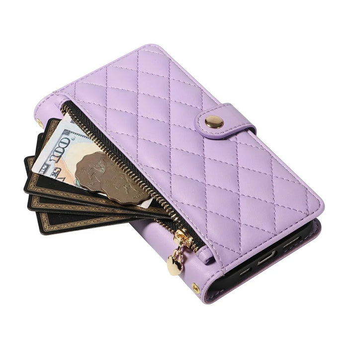For iPhone 16 Wallet Case with Straps, Rhombus Leather Stand Phone Cover - Purple - 6
