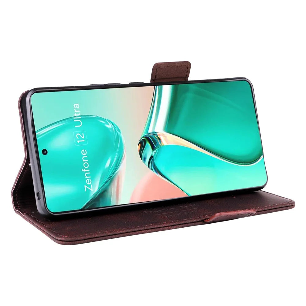 For Asus Zenfone 12 Ultra 5G Case Leather Wallet Flip Phone Cover with Hardware Decor - Coffee - 3