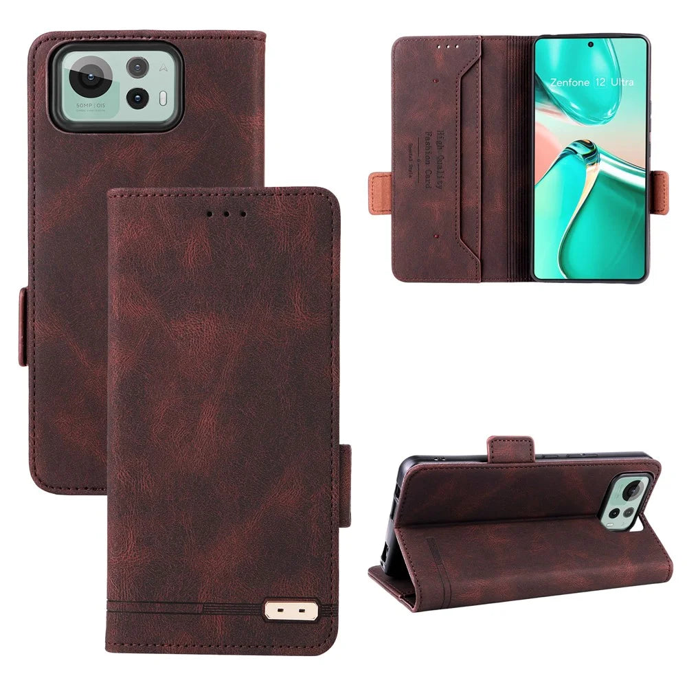 For Asus Zenfone 12 Ultra 5G Case Leather Wallet Flip Phone Cover with Hardware Decor - Coffee - 6