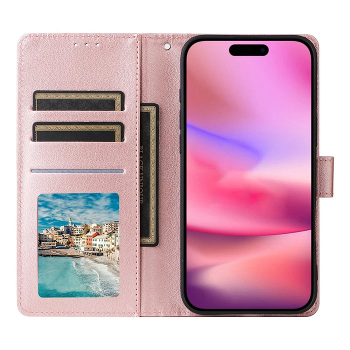 For iPhone 17 Case Wallet Stand View PU Leather Phone Cover with Wrist Strap - Rose Gold - 2