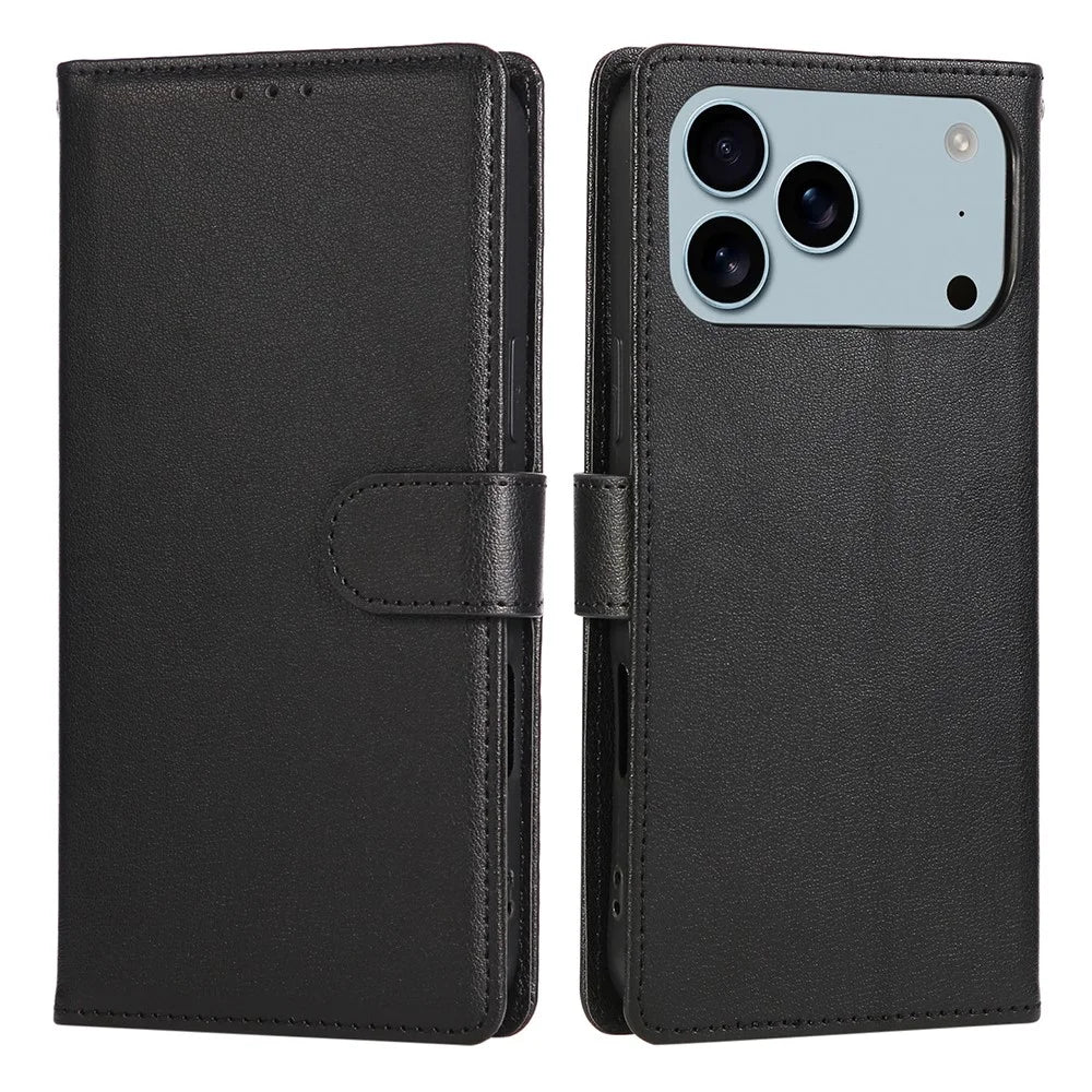 For iPhone 18 Pro / 17 Pro Case Wallet Stand View PU Leather Phone Cover with Wrist Strap - Black - 1