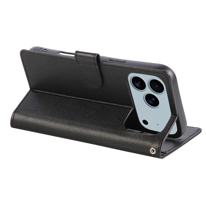 For iPhone 18 Pro / 17 Pro Case Wallet Stand View PU Leather Phone Cover with Wrist Strap - Black - 4