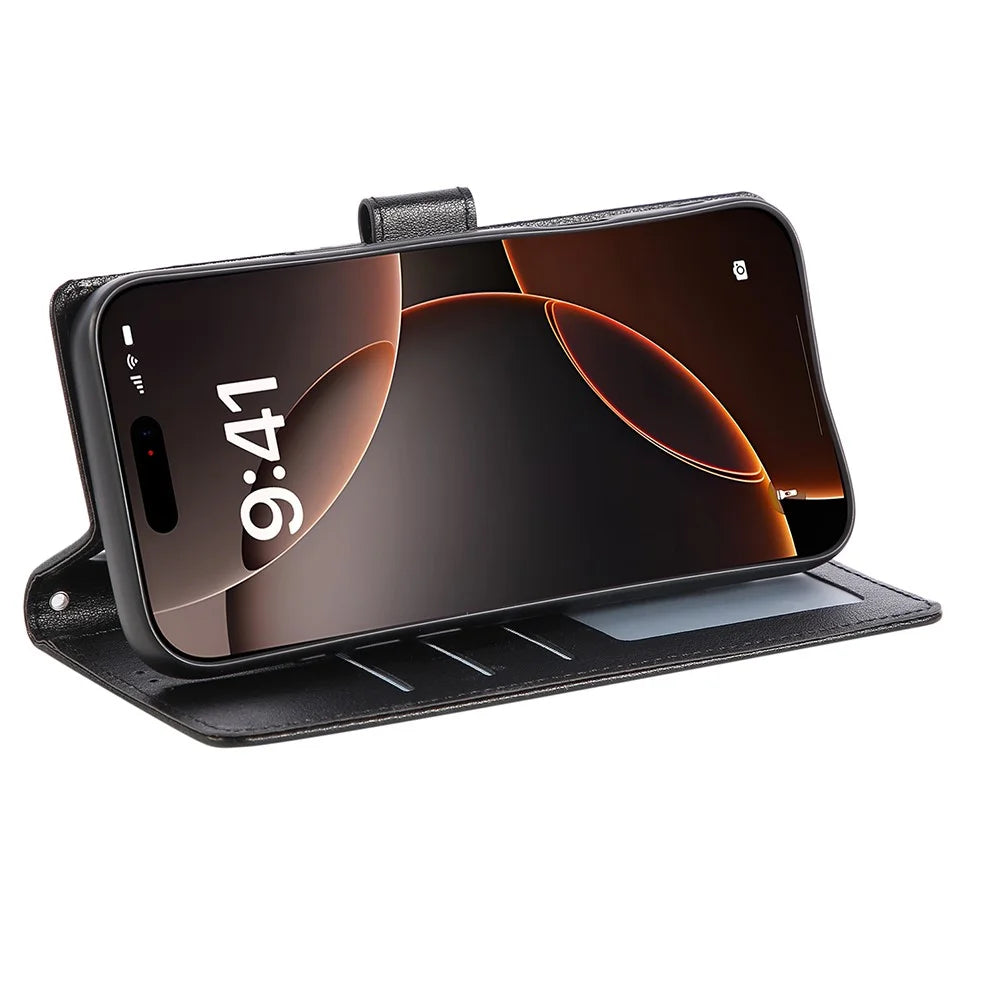 For iPhone 18 Pro Max / 17 Pro Max Case Wallet Stand View PU Leather Phone Cover with Wrist Strap - Black - 2