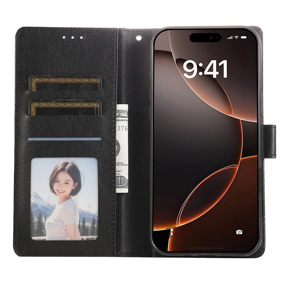 For iPhone 18 Pro Max / 17 Pro Max Case Wallet Stand View PU Leather Phone Cover with Wrist Strap - Black - 3