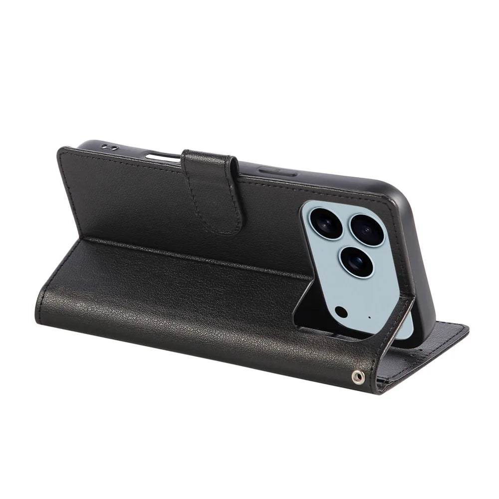 For iPhone 18 Pro Max / 17 Pro Max Case Wallet Stand View PU Leather Phone Cover with Wrist Strap - Black - 4