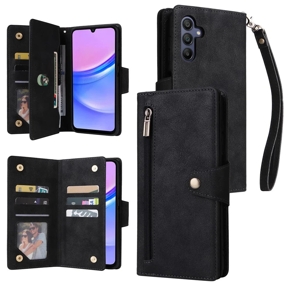 For Samsung Galaxy A18 5G / A17 5G / A17 4G / A26 5G Case Zipper Wallet Rivet Decor Leather Phone Cover with Wrist Strap - Black - 1