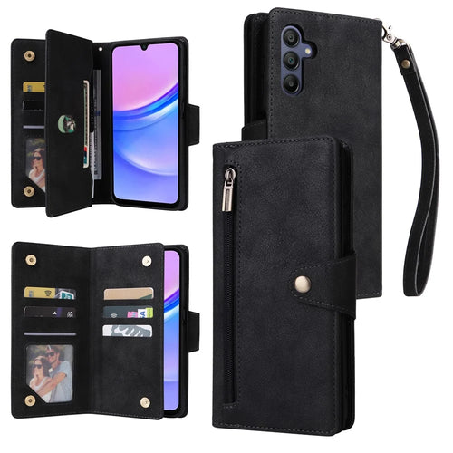 For Samsung Galaxy A18 5G / A17 5G / A17 4G / A26 5G Case Zipper Wallet Rivet Decor Leather Phone Cover with Wrist Strap - Black - 1