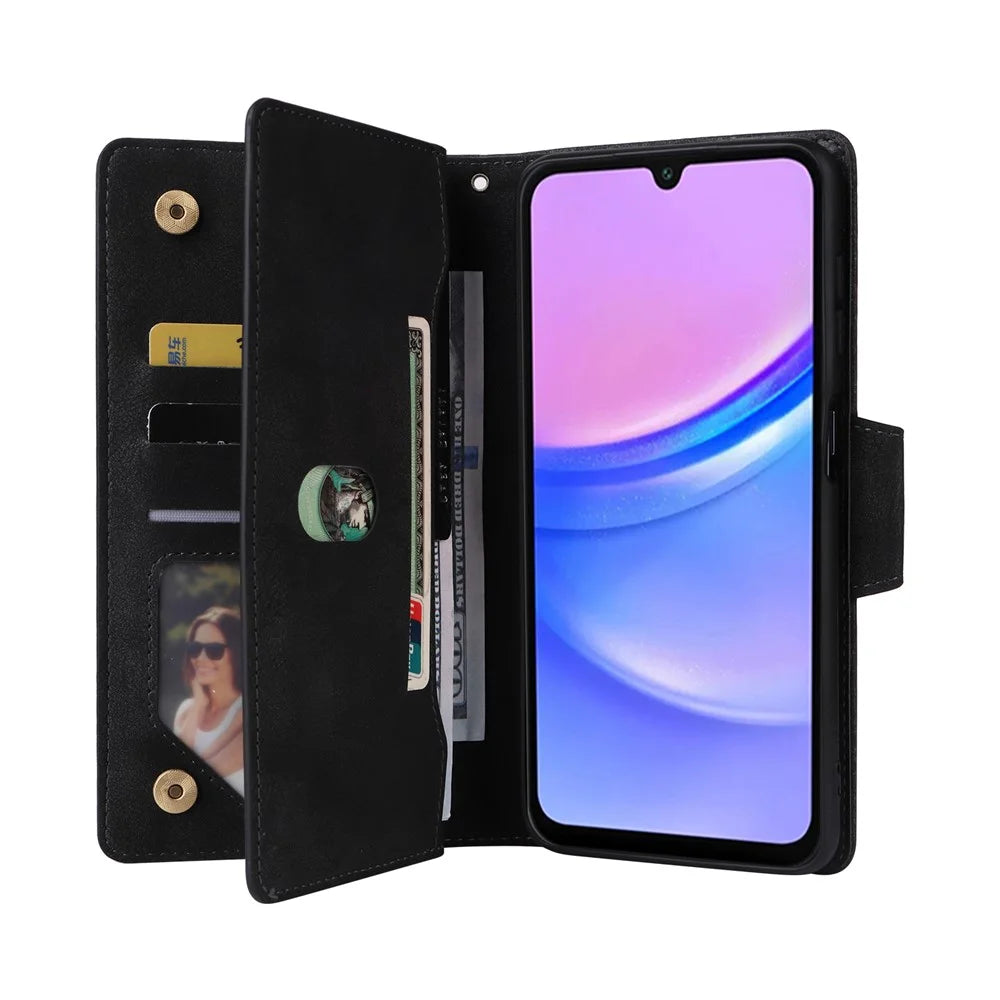 For Samsung Galaxy A18 5G / A17 5G / A17 4G / A26 5G Case Zipper Wallet Rivet Decor Leather Phone Cover with Wrist Strap - Black - 3