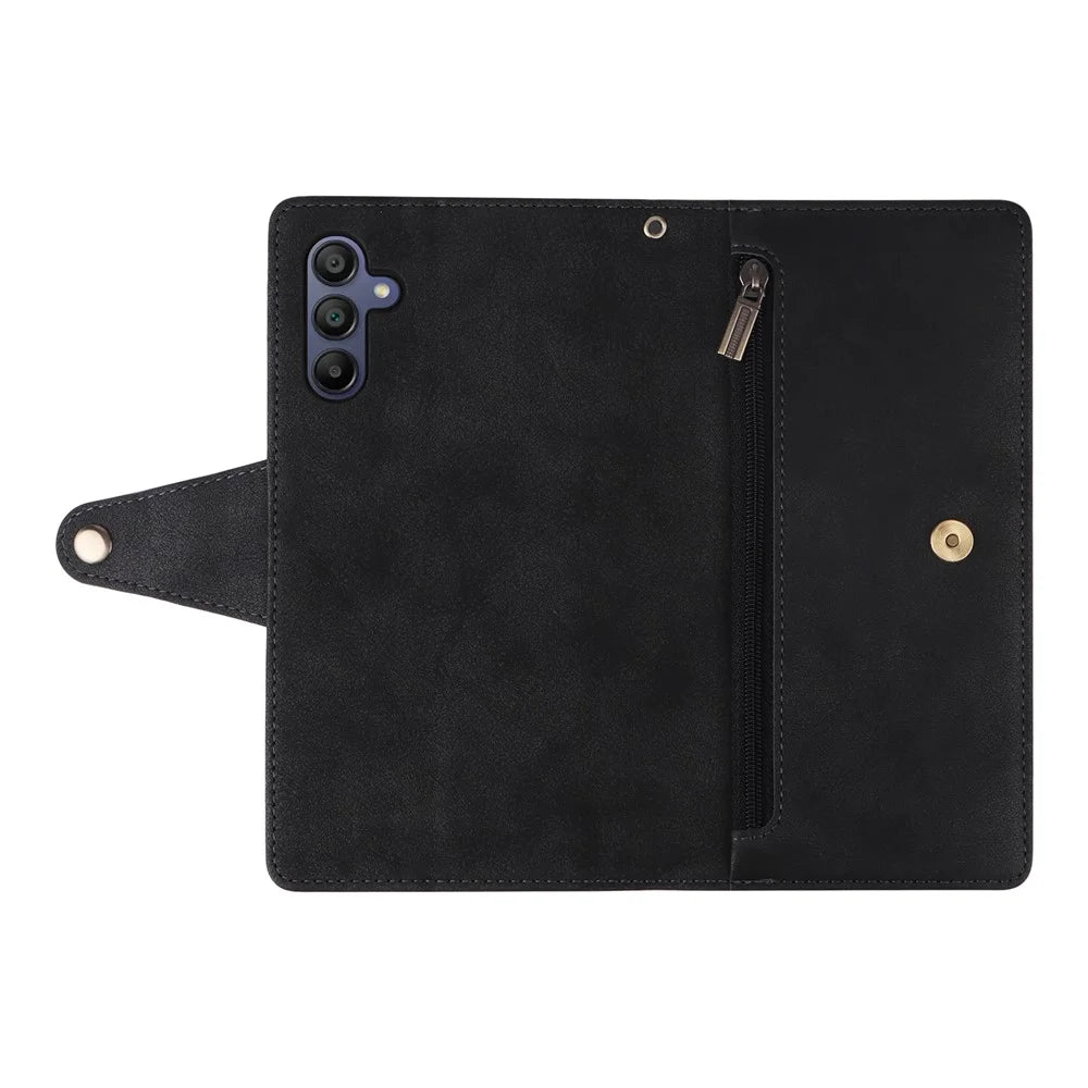 For Samsung Galaxy A18 5G / A17 5G / A17 4G / A26 5G Case Zipper Wallet Rivet Decor Leather Phone Cover with Wrist Strap - Black - 7