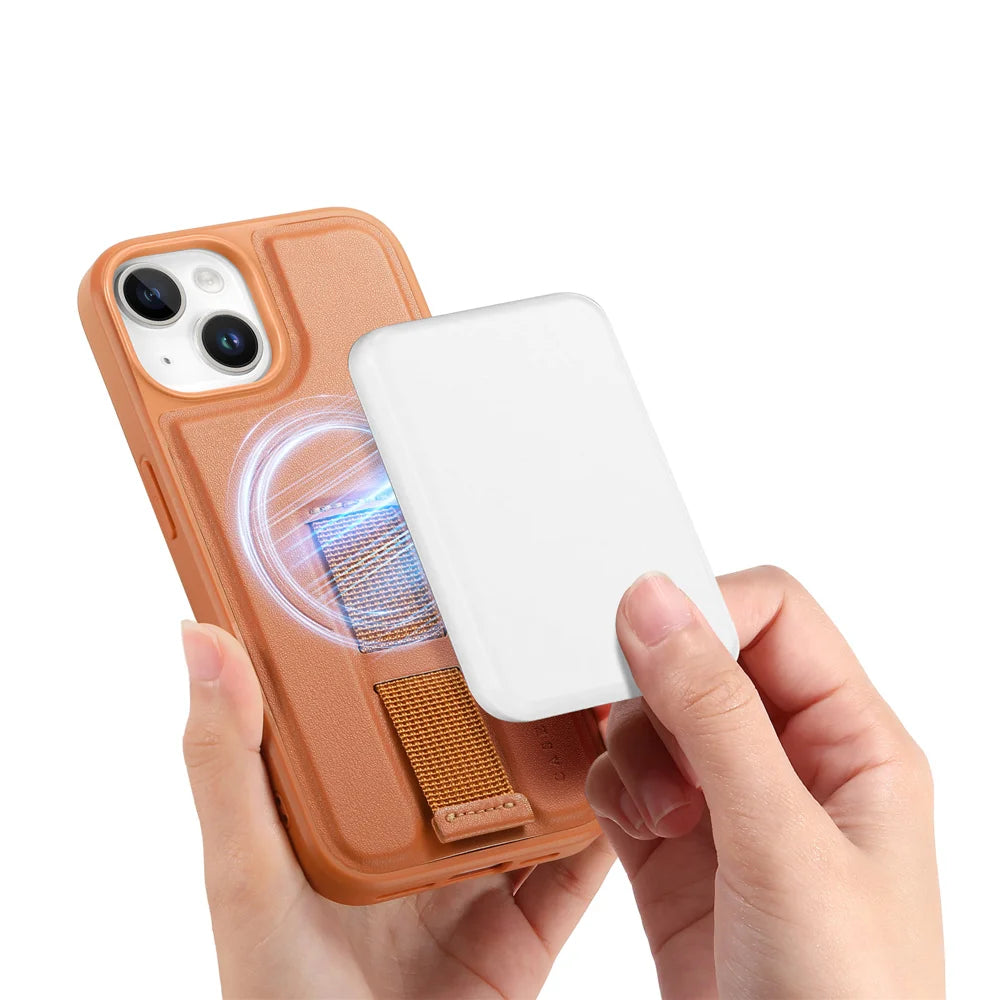 CASENEO For iPhone 15 Plus / iPhone 14 Plus Magnetic Case  Wristband PU Leather + PC Shockproof Phone Cover - Brown - 3