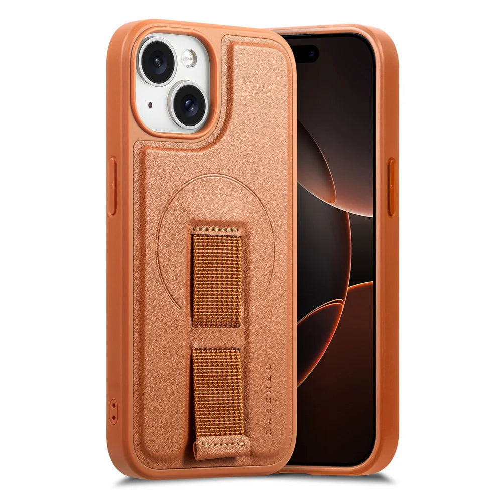 CASENEO For iPhone 15 Plus / iPhone 14 Plus Magnetic Case  Wristband PU Leather + PC Shockproof Phone Cover - Brown - 4