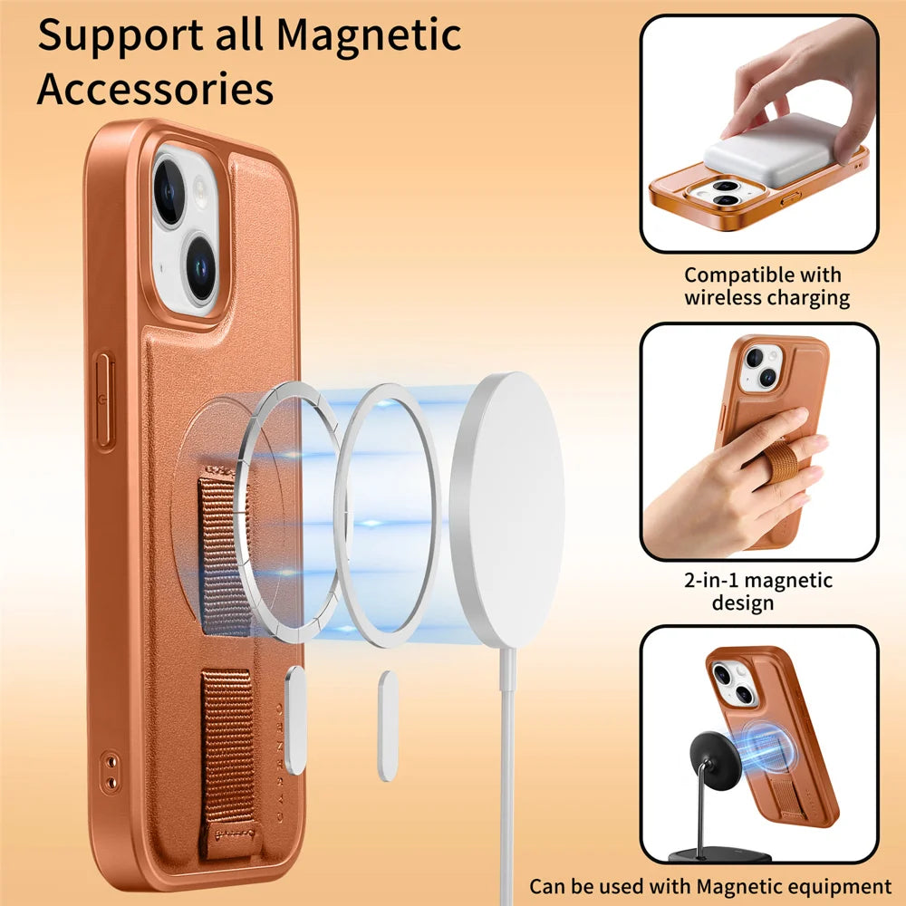 CASENEO For iPhone 15 Plus / iPhone 14 Plus Magnetic Case  Wristband PU Leather + PC Shockproof Phone Cover - Brown - 6