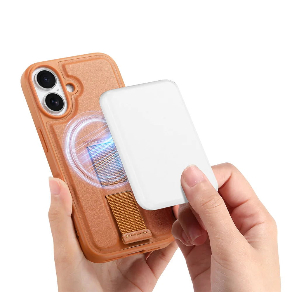 CASENEO For iPhone 16 Plus Magnetic Case  Wristband PU Leather + PC Shockproof Phone Cover - Brown - 3