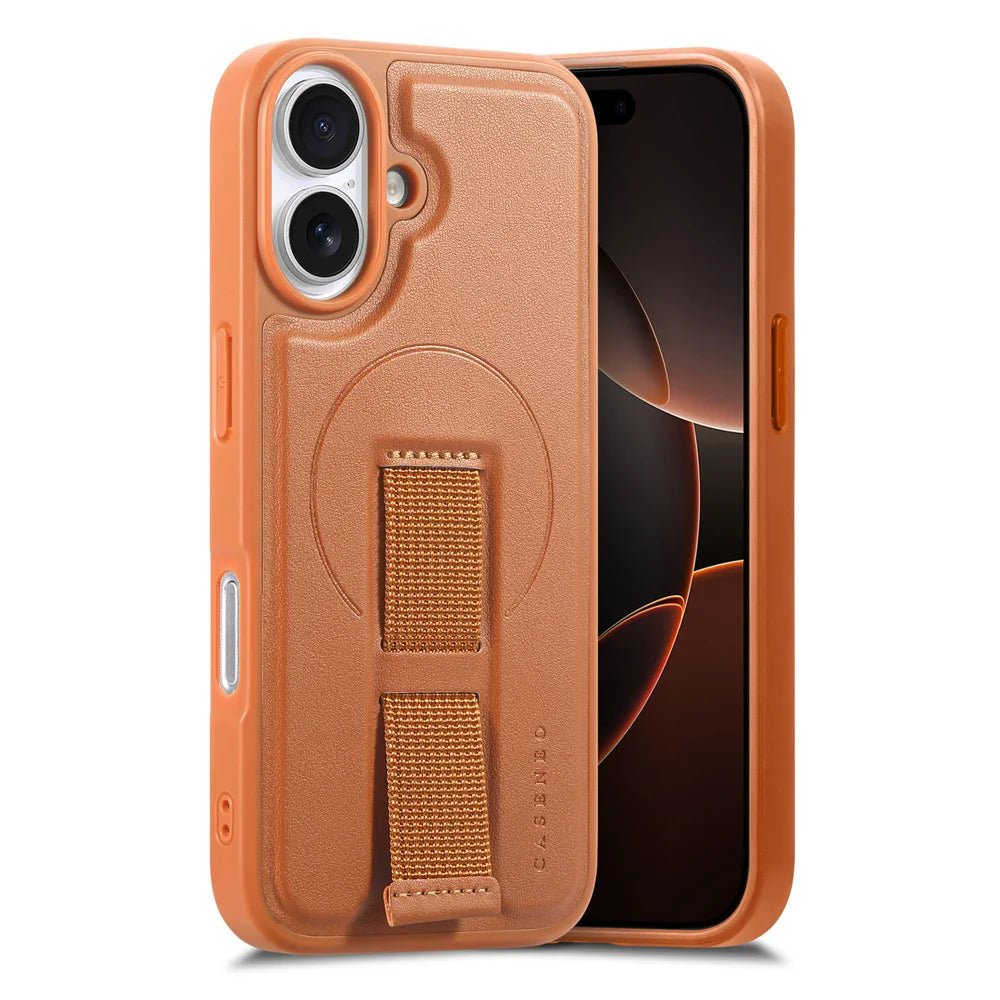 CASENEO For iPhone 16 Plus Magnetic Case  Wristband PU Leather + PC Shockproof Phone Cover - Brown - 4