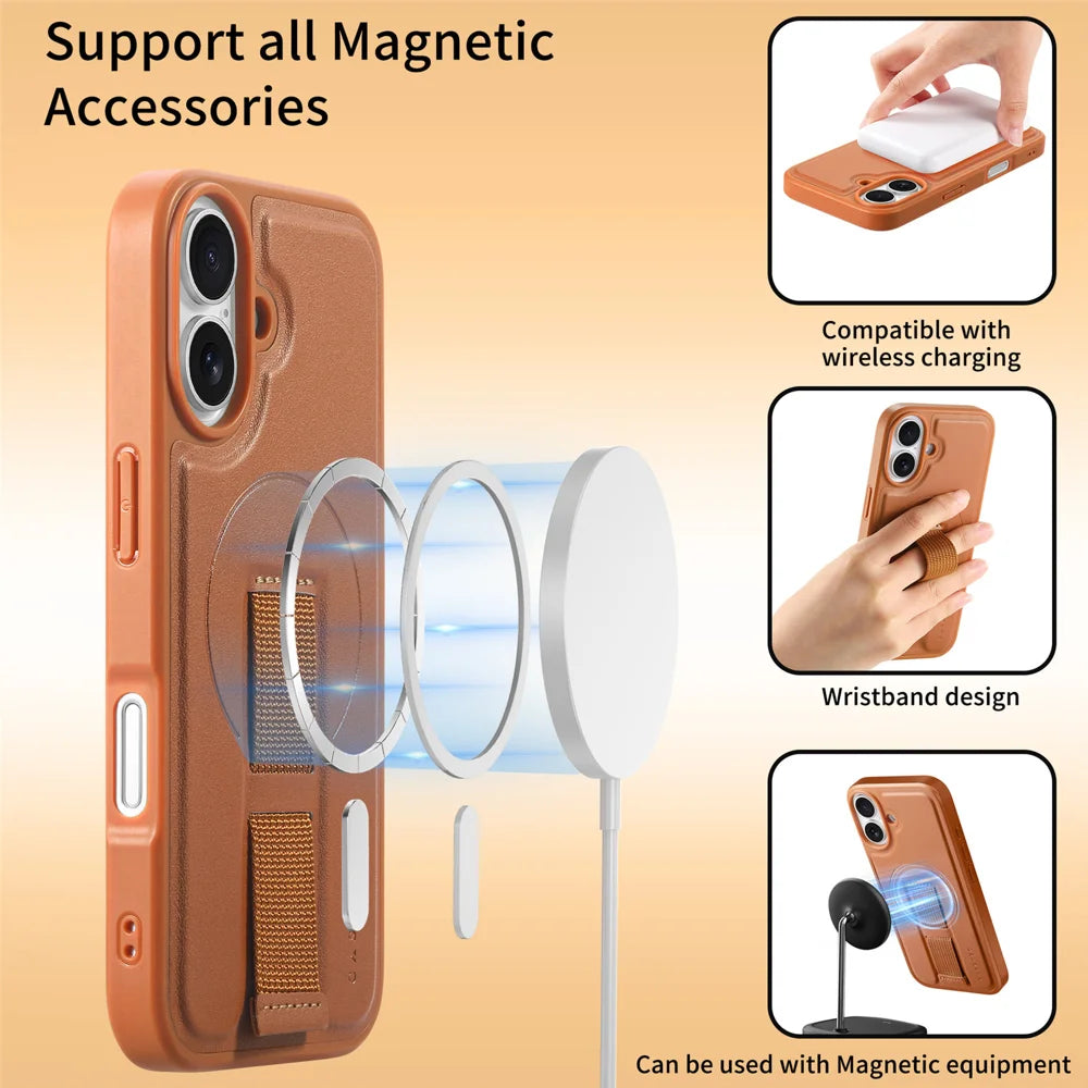 CASENEO For iPhone 16 Plus Magnetic Case  Wristband PU Leather + PC Shockproof Phone Cover - Brown - 6