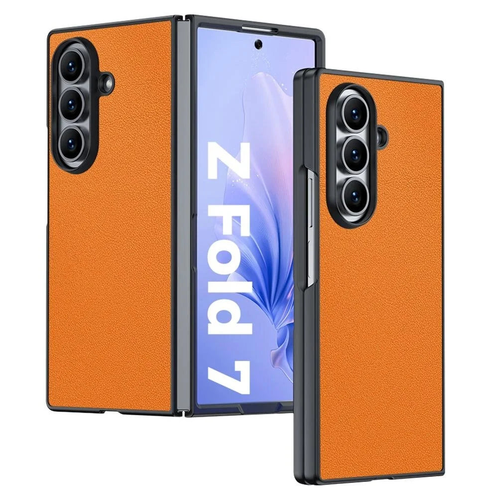 For Samsung Galaxy Z Fold7 5G Case PU Leather Coated PC Anti-Drop Folding Phone Cover - Orange - 1