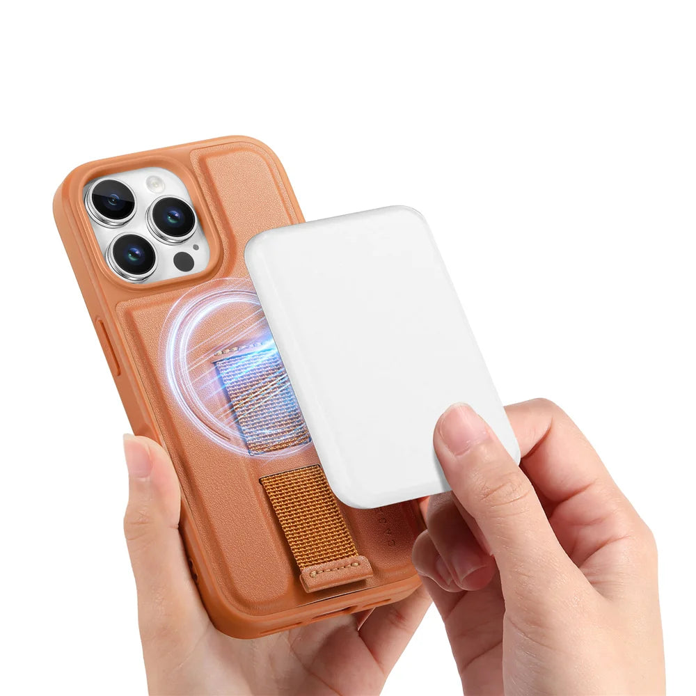 CASENEO For iPhone 16 Pro Magnetic Case  Wristband PU Leather + PC Shockproof Phone Cover - Brown - 3