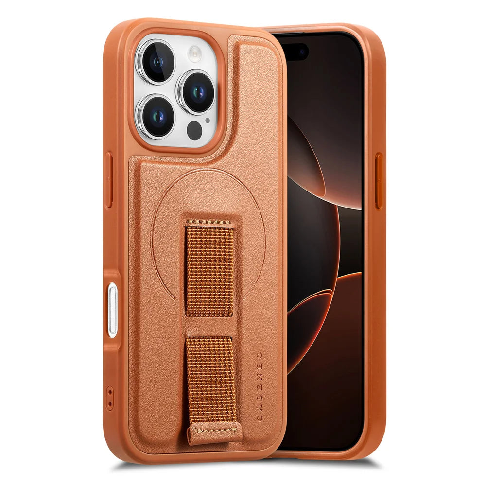 CASENEO For iPhone 16 Pro Magnetic Case  Wristband PU Leather + PC Shockproof Phone Cover - Brown - 4