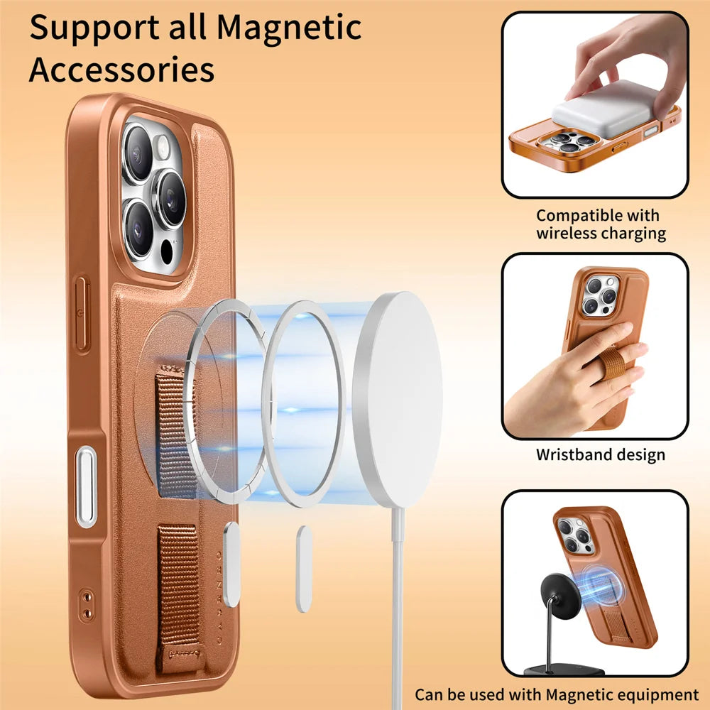 CASENEO For iPhone 16 Pro Magnetic Case  Wristband PU Leather + PC Shockproof Phone Cover - Brown - 6
