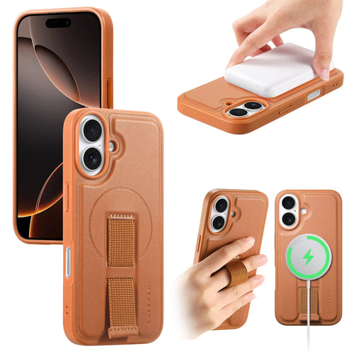CASENEO For iPhone 16 Magnetic Case  Wristband PU Leather + PC Shockproof Phone Cover - Brown - 1