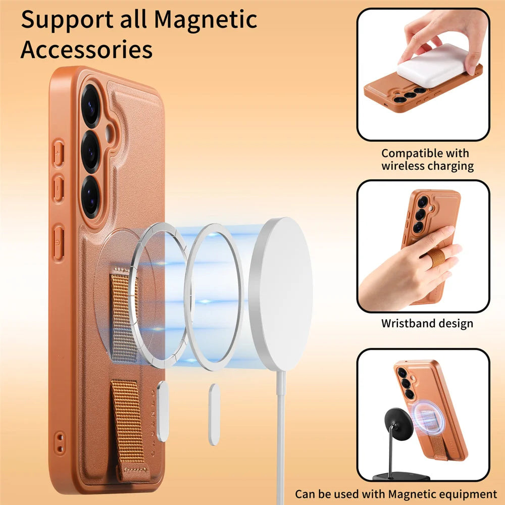 CASENEO For Samsung Galaxy S24 / Galaxy S25 Magnetic Case  Wristband PU Leather + PC Shockproof Phone Cover - Brown - 6