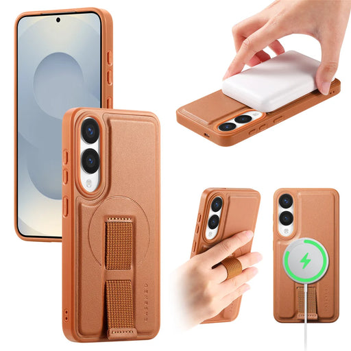 CASENEO For Samsung Galaxy S25 Edge Magnetic Case  Wristband PU Leather + PC Shockproof Phone Cover - Brown - 1