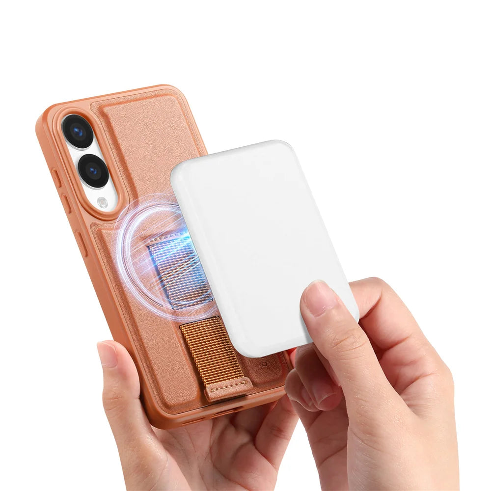 CASENEO For Samsung Galaxy S25 Edge Magnetic Case  Wristband PU Leather + PC Shockproof Phone Cover - Brown - 3